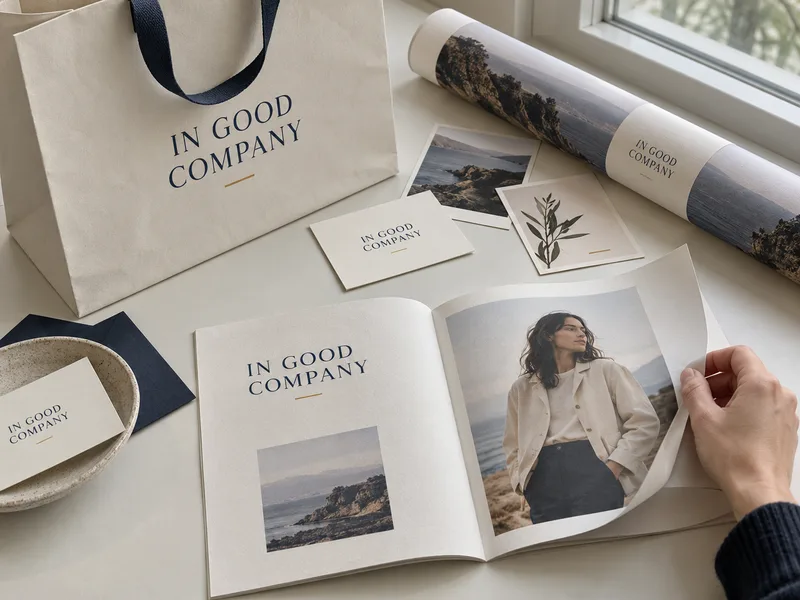 Illustrative printed retail campaign: tactile brochure, cards and shopping bag